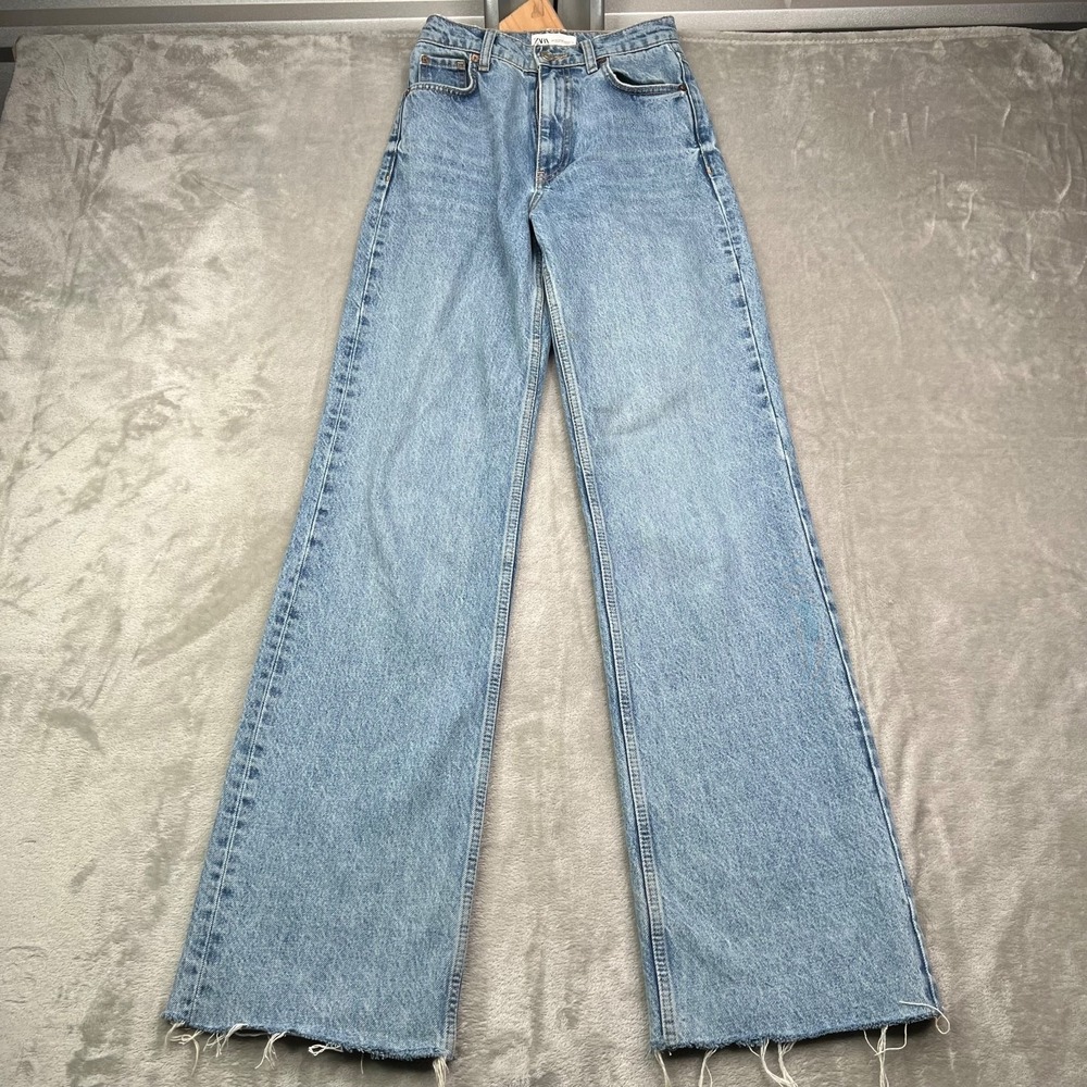 Zara Jeans Womens 0 Tall Blue Wide Leg Relaxed Fit Baggy Raw Hem High Rise Denim